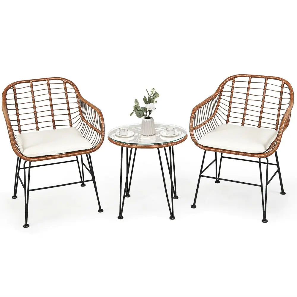 3 Pieces Patio Rattan Bistro Set with Cushion-White - White - Patio Furniture Sets