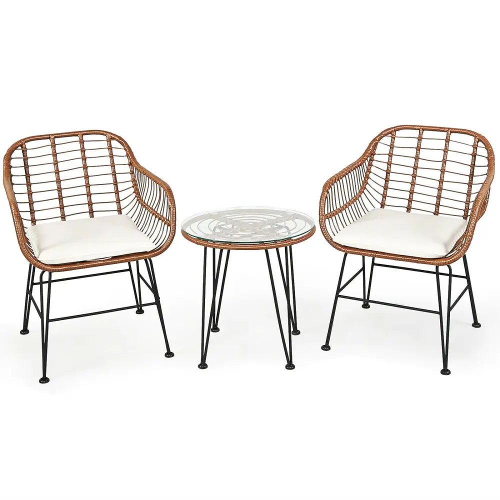 3 Pieces Patio Rattan Bistro Set with Cushion-White - White - Patio Furniture Sets