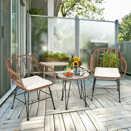 3 Pieces Patio Rattan Bistro Set with Cushion-White - White - Patio Furniture Sets