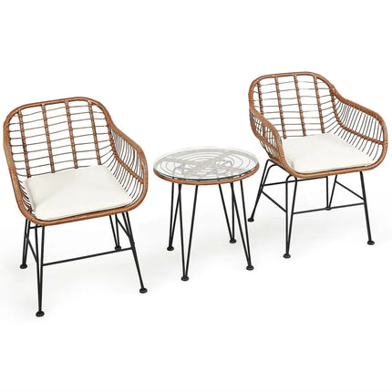 3 Pieces Patio Rattan Bistro Set with Cushion-White - White - Patio Furniture Sets