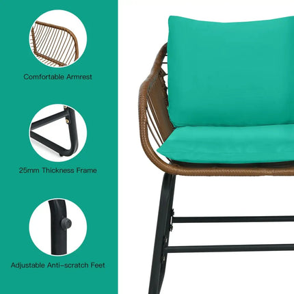 3 Pieces Patio Rattan Bistro Set with Cushions and Glass Table-Turquoise - Turquoise - Patio Conversation Sets