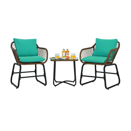 3 Pieces Patio Rattan Bistro Set with Cushions and Glass Table-Turquoise - Turquoise - Patio Conversation Sets