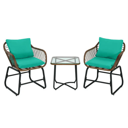 3 Pieces Patio Rattan Bistro Set with Cushions and Glass Table-Turquoise - Turquoise - Patio Conversation Sets