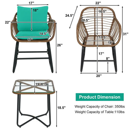 3 Pieces Patio Rattan Bistro Set with Cushions and Glass Table-Turquoise - Turquoise - Patio Conversation Sets