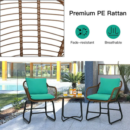 3 Pieces Patio Rattan Bistro Set with Cushions and Glass Table-Turquoise - Turquoise - Patio Conversation Sets
