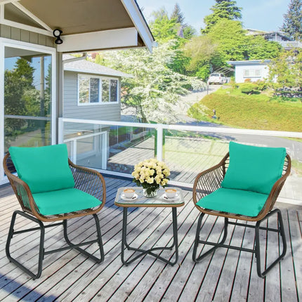 3 Pieces Patio Rattan Bistro Set with Cushions and Glass Table-Turquoise - Turquoise - Patio Conversation Sets