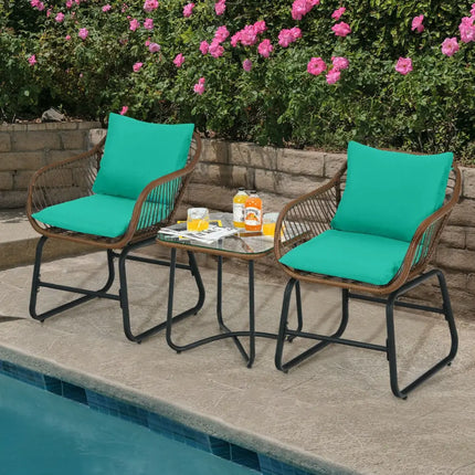 3 Pieces Patio Rattan Bistro Set with Cushions and Glass Table-Turquoise - Turquoise - Patio Conversation Sets