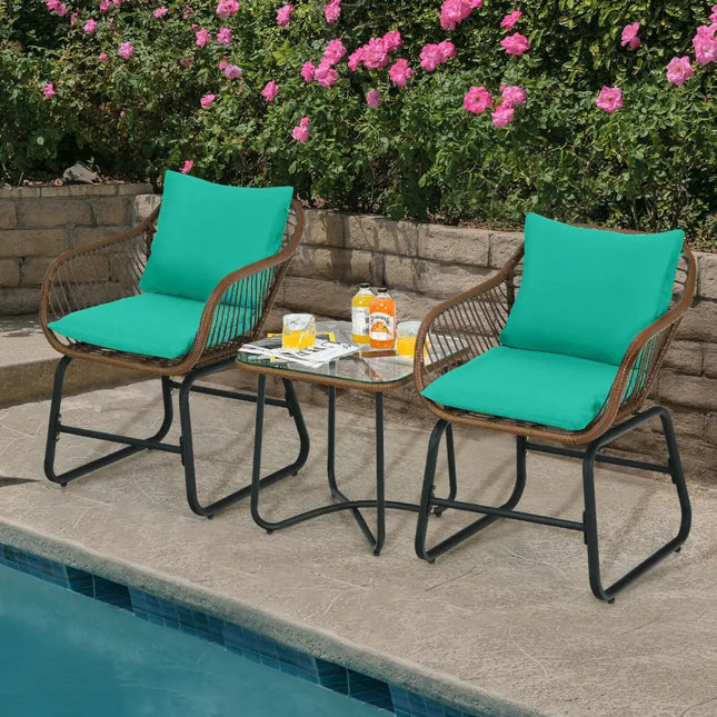 3 Pieces Patio Rattan Bistro Set with Cushions and Glass Table-Turquoise - Turquoise - Patio Conversation Sets