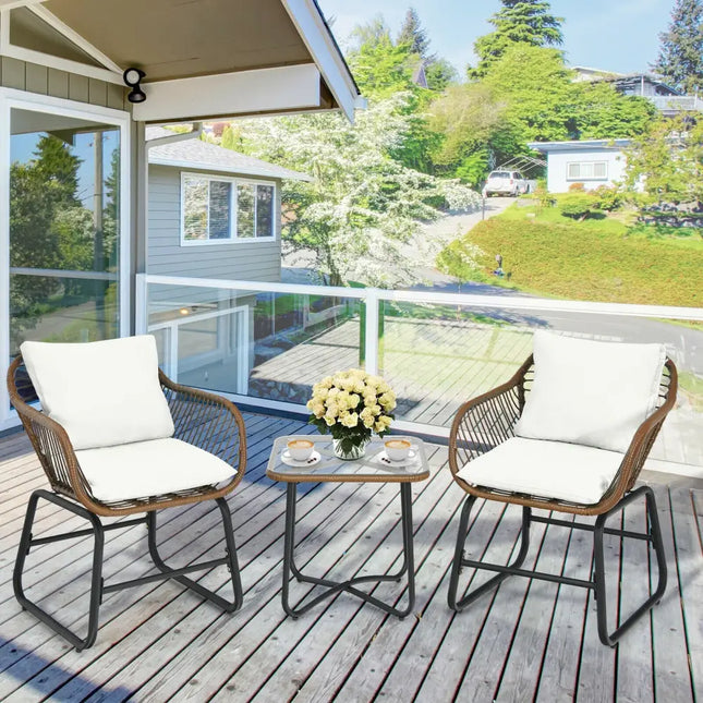 3 Pieces Patio Rattan Bistro Set with Cushions and Glass Table-White - White - Patio Conversation Sets
