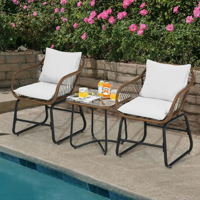 3 Pieces Patio Rattan Bistro Set with Cushions and Glass Table-White - White - Patio Conversation Sets