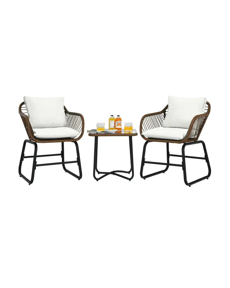 3 Pieces Patio Rattan Bistro Set with Cushions and Glass Table-White - White - Patio Conversation Sets