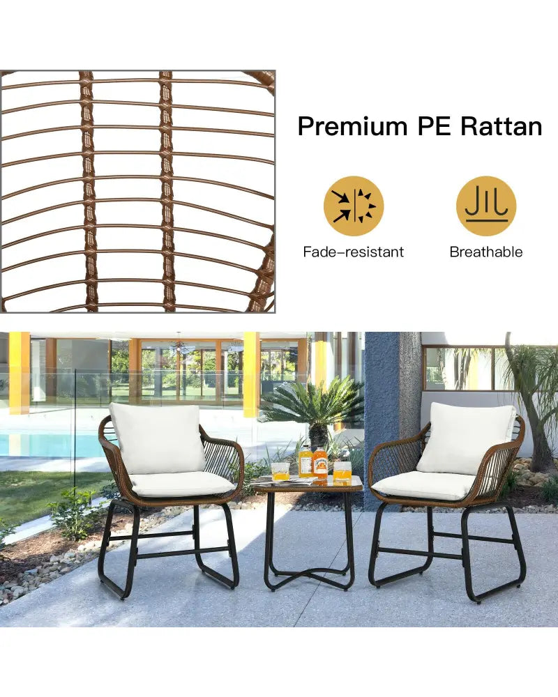3 Pieces Patio Rattan Bistro Set with Cushions and Glass Table-White - White - Patio Conversation Sets