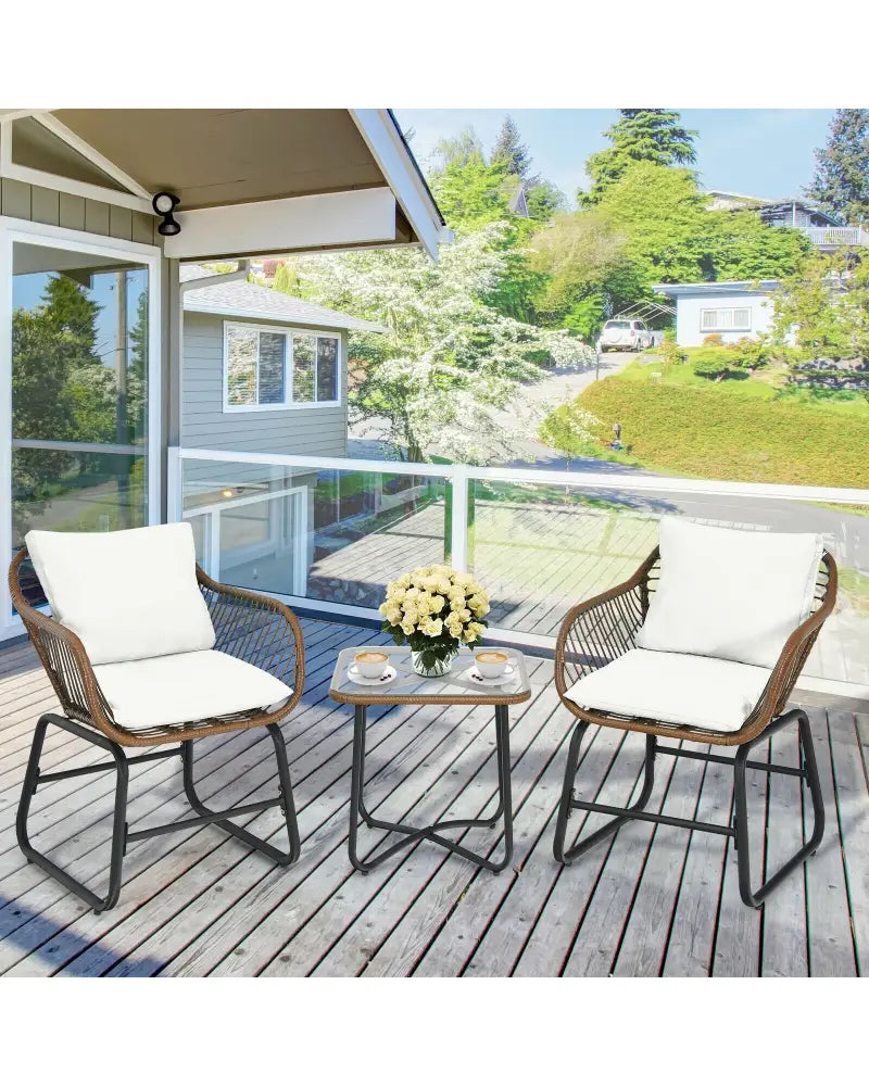 3 Pieces Patio Rattan Bistro Set with Cushions and Glass Table-White - White - Patio Conversation Sets