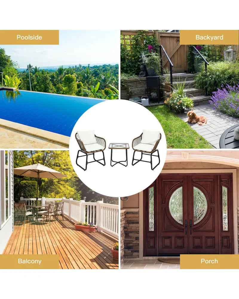 3 Pieces Patio Rattan Bistro Set with Cushions and Glass Table-White - White - Patio Conversation Sets