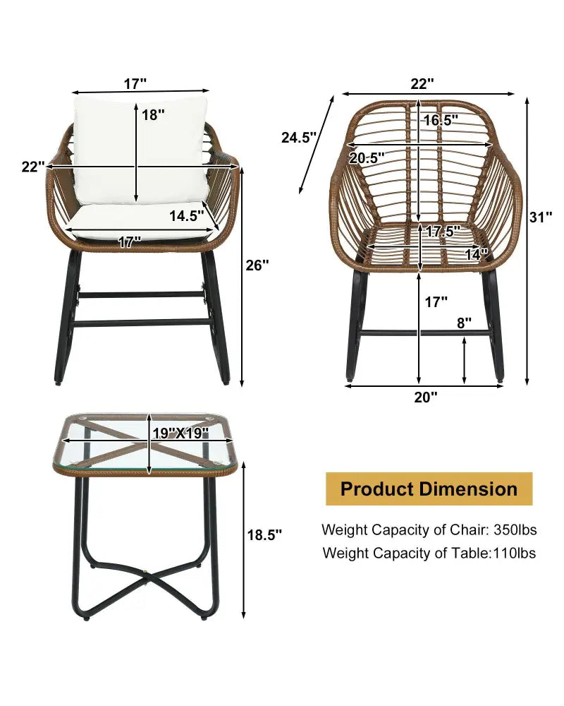 3 Pieces Patio Rattan Bistro Set with Cushions and Glass Table-White - White - Patio Conversation Sets