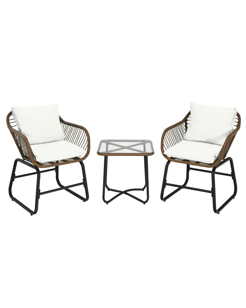 3 Pieces Patio Rattan Bistro Set with Cushions and Glass Table-White - White - Patio Conversation Sets