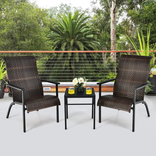 3 Pieces Patio Rattan Bistro Set with High Backrest and Armrest-Brown - Brown - Patio Conversation Sets