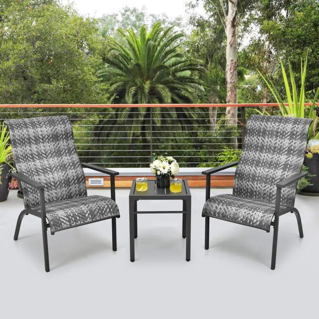 3 Pieces Patio Rattan Bistro Set with High Backrest and Armrest-Gray - Gray - Patio Conversation Sets
