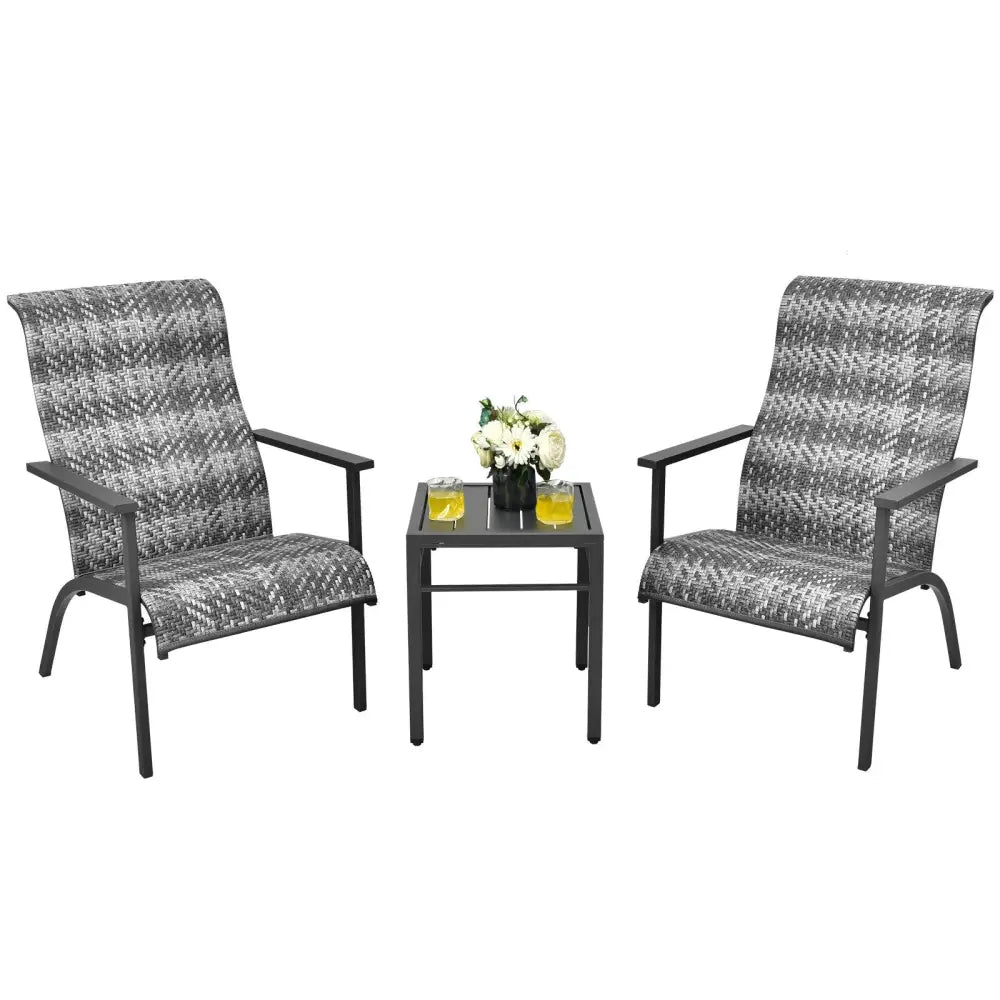 3 Pieces Patio Rattan Bistro Set with High Backrest and Armrest-Gray - Gray - Patio Conversation Sets