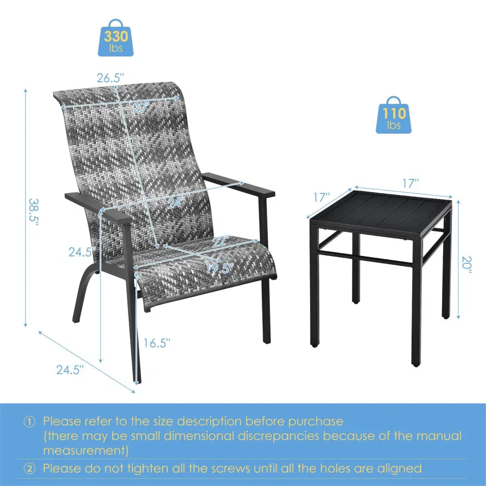 3 Pieces Patio Rattan Bistro Set with High Backrest and Armrest-Gray - Gray - Patio Conversation Sets