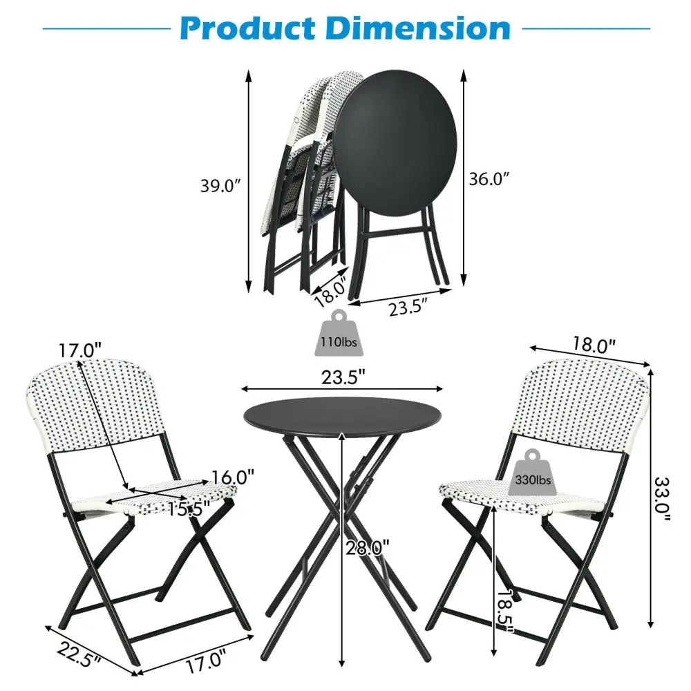 3 Pieces Patio Rattan Bistro Set with Round Dining Table and 2 Chairs - Black & White - Patio Conversation Sets