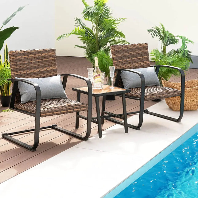 3 Pieces Patio Rattan Conversation Set with Quick Dry Lumbar Pillows - Brown - Patio Conversation Sets
