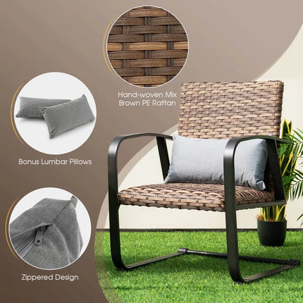 3 Pieces Patio Rattan Conversation Set with Quick Dry Lumbar Pillows - Brown - Patio Conversation Sets