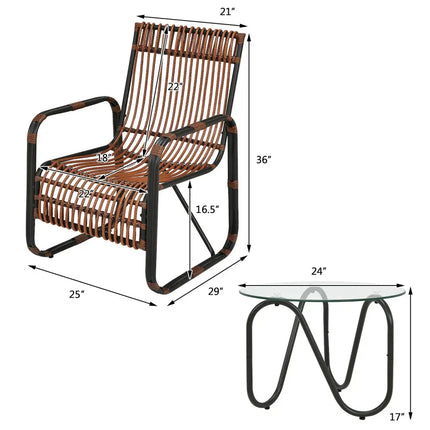 3 Pieces Patio Rattan Conversational Furniture Set - Brown - Patio Conversation Sets