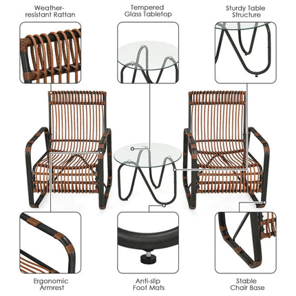 3 Pieces Patio Rattan Conversational Furniture Set - Brown - Patio Conversation Sets