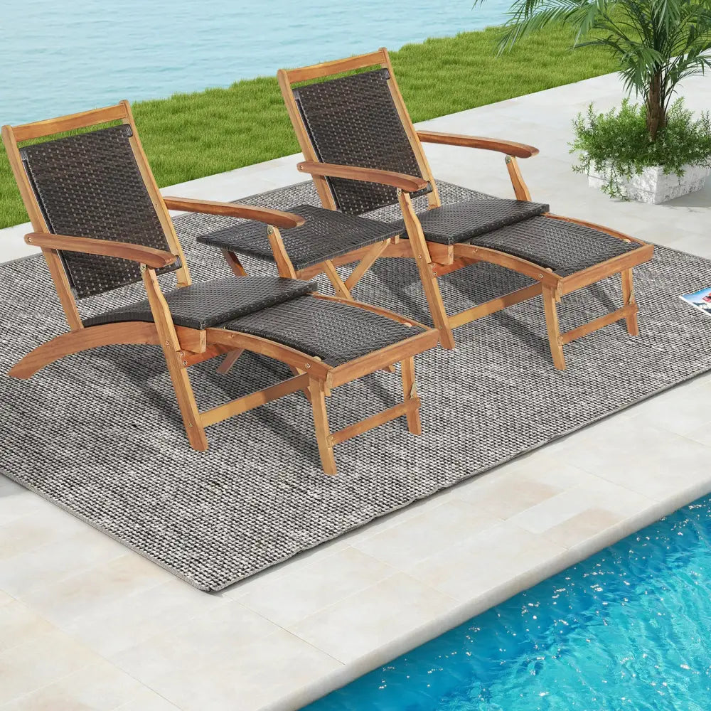 3 Pieces Patio Rattan Folding Lounge Chair Set of 2 with Acacia Wood Table - Brown - Outdoor Chaise Lounges
