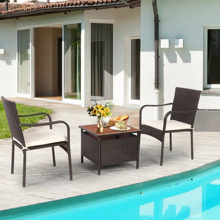 3 Pieces Patio Rattan Furniture Bistro Set with Wood Side Table and Stackable Chair - Patio Conversation Sets