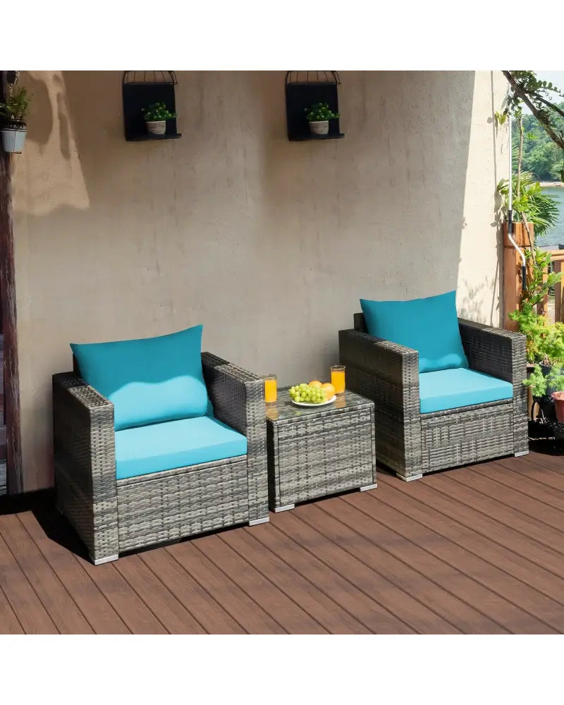 3 Pieces Patio Rattan Furniture Bistro Sofa Set with Cushioned-Turquoise - Turquoise - Patio Conversation Sets