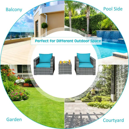 3 Pieces Patio Rattan Furniture Bistro Sofa Set with Cushioned-Turquoise - Turquoise - Patio Conversation Sets