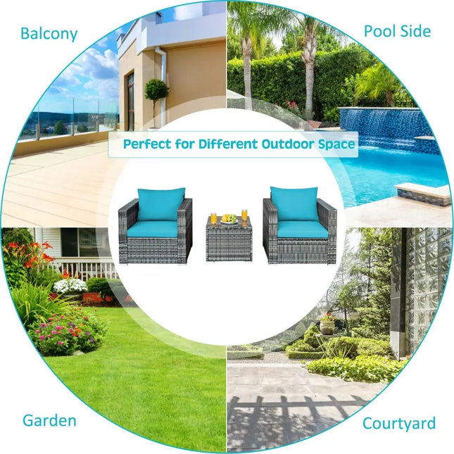 3 Pieces Patio Rattan Furniture Bistro Sofa Set with Cushioned-Turquoise - Turquoise - Patio Conversation Sets
