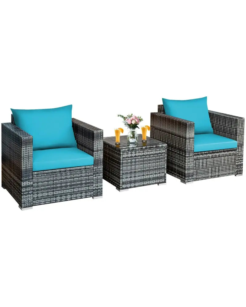 3 Pieces Patio Rattan Furniture Bistro Sofa Set with Cushioned-Turquoise - Turquoise - Patio Conversation Sets
