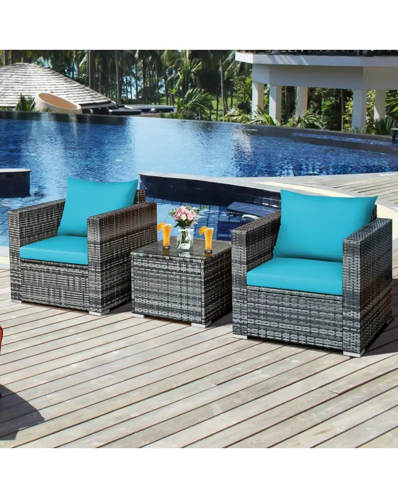 3 Pieces Patio Rattan Furniture Bistro Sofa Set with Cushioned-Turquoise - Turquoise - Patio Conversation Sets