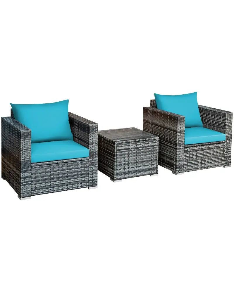 3 Pieces Patio Rattan Furniture Bistro Sofa Set with Cushioned-Turquoise - Turquoise - Patio Conversation Sets