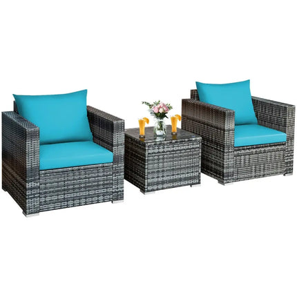 3 Pieces Patio Rattan Furniture Bistro Sofa Set with Cushioned-Turquoise - Turquoise - Patio Conversation Sets