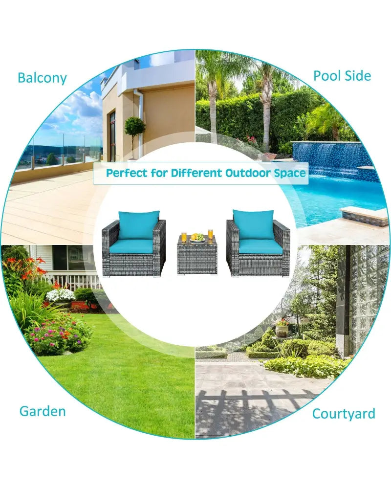 3 Pieces Patio Rattan Furniture Bistro Sofa Set with Cushioned-Turquoise - Turquoise - Patio Conversation Sets