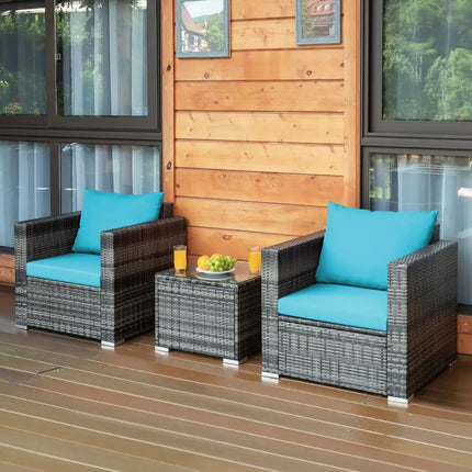3 Pieces Patio Rattan Furniture Bistro Sofa Set with Cushioned-Turquoise - Turquoise - Patio Conversation Sets