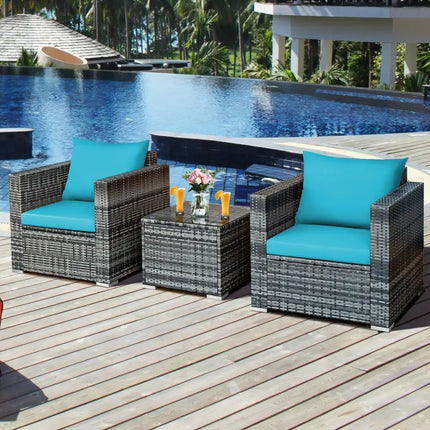 3 Pieces Patio Rattan Furniture Bistro Sofa Set with Cushioned-Turquoise - Turquoise - Patio Conversation Sets