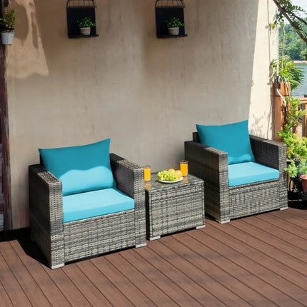 3 Pieces Patio Rattan Furniture Bistro Sofa Set with Cushioned-Turquoise - Turquoise - Patio Conversation Sets