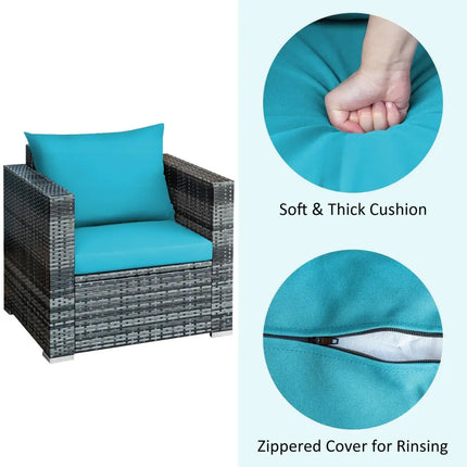 3 Pieces Patio Rattan Furniture Bistro Sofa Set with Cushioned-Turquoise - Turquoise - Patio Conversation Sets