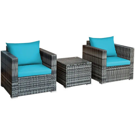 3 Pieces Patio Rattan Furniture Bistro Sofa Set with Cushioned-Turquoise - Turquoise - Patio Conversation Sets