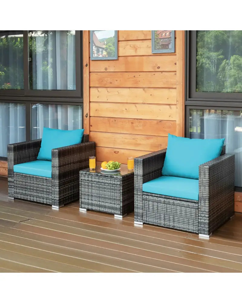 3 Pieces Patio Rattan Furniture Bistro Sofa Set with Cushioned-Turquoise - Turquoise - Patio Conversation Sets