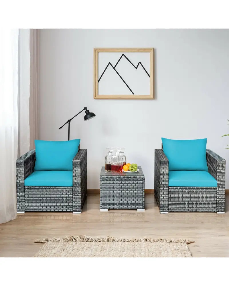 3 Pieces Patio Rattan Furniture Bistro Sofa Set with Cushioned-Turquoise - Turquoise - Patio Conversation Sets