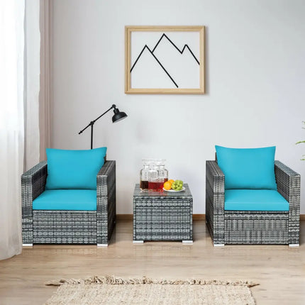 3 Pieces Patio Rattan Furniture Bistro Sofa Set with Cushioned-Turquoise - Turquoise - Patio Conversation Sets