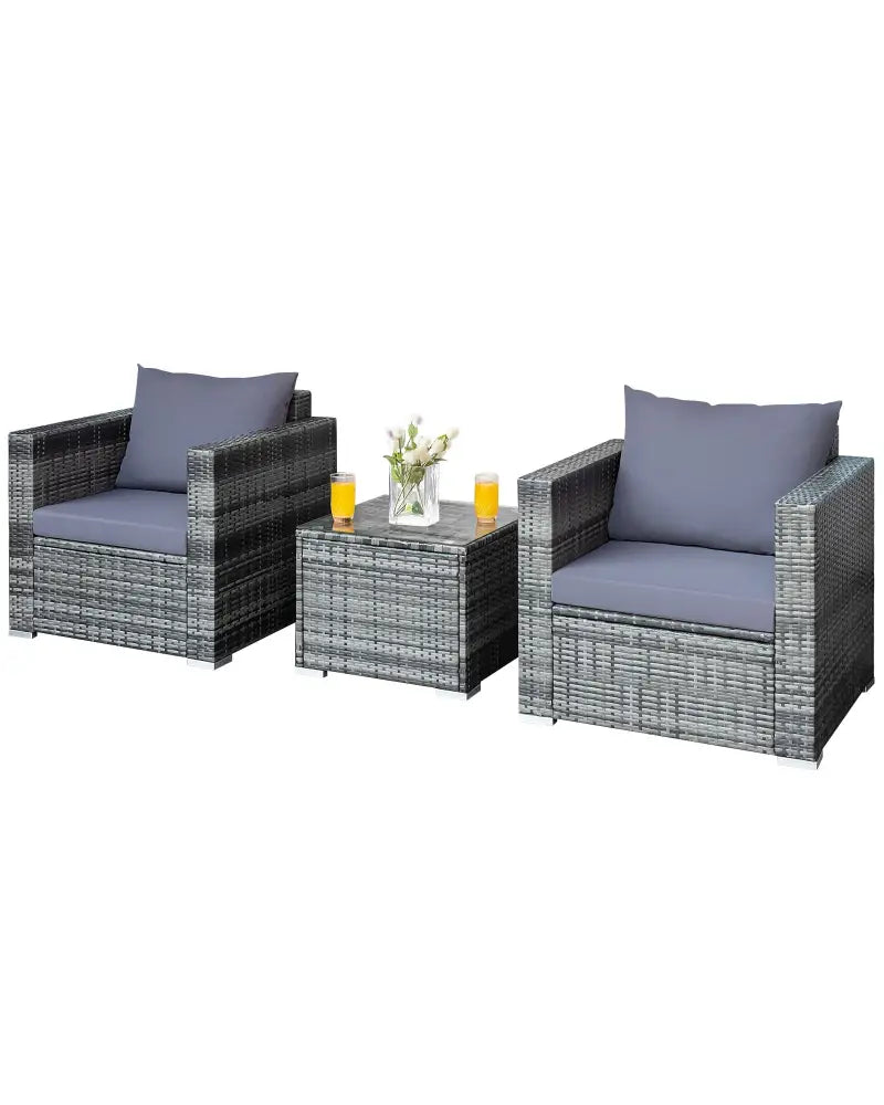 3 Pieces Patio Rattan Furniture Bistro Sofa Set with Cushioned-Gray - Gray - Patio Conversation Sets
