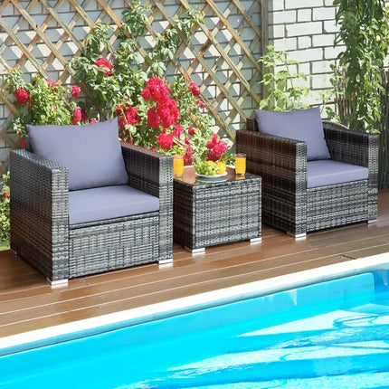 3 Pieces Patio Rattan Furniture Bistro Sofa Set with Cushioned-Gray - Gray - Patio Conversation Sets