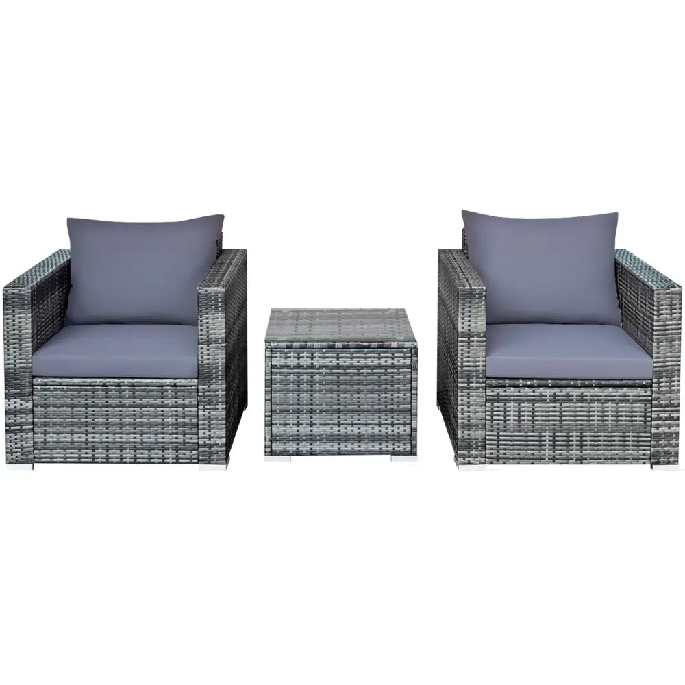 3 Pieces Patio Rattan Furniture Bistro Sofa Set with Cushioned-Gray - Gray - Patio Conversation Sets